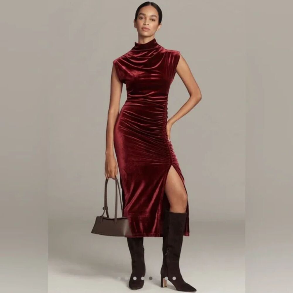 Anthropologie Maya Stretch Velvet Ruched Midi Dress - Plum M